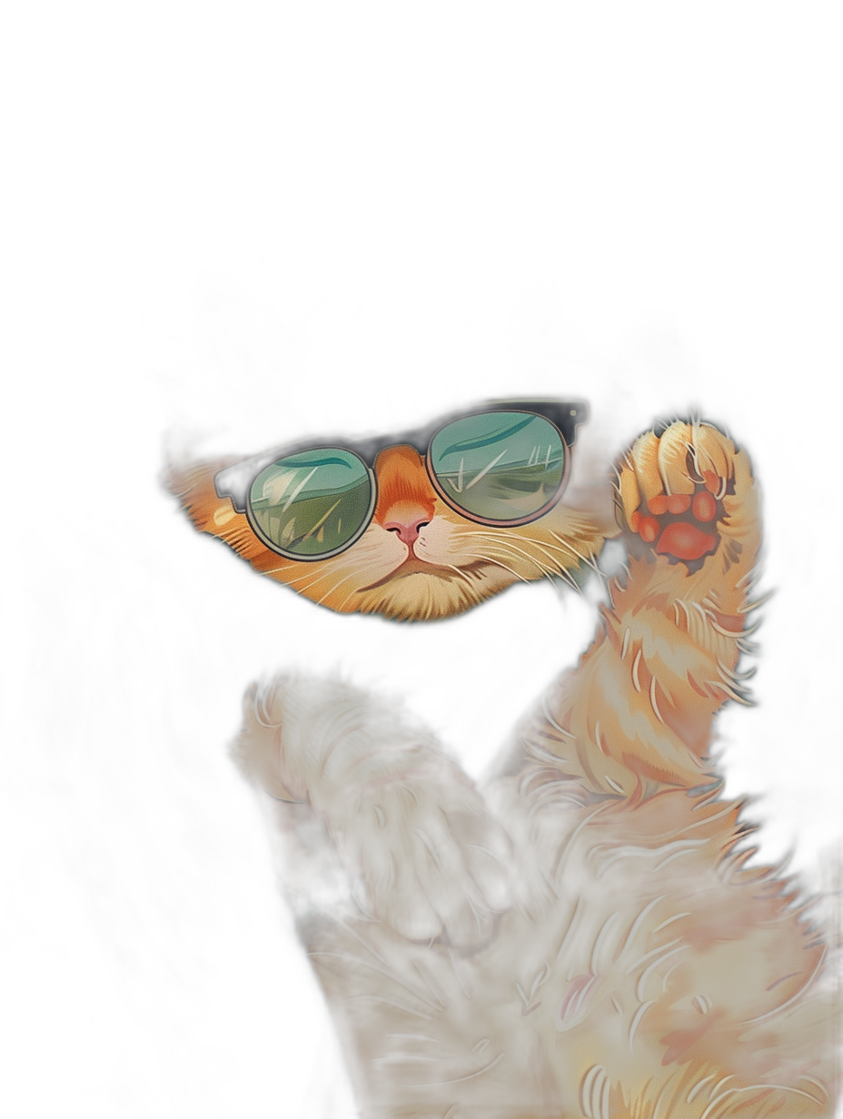 digital art of cool cat , wearing sunglasses, holding his paw up in the air, digital painting, dark background, pastel color theme, cute and dreamy, full body portrait