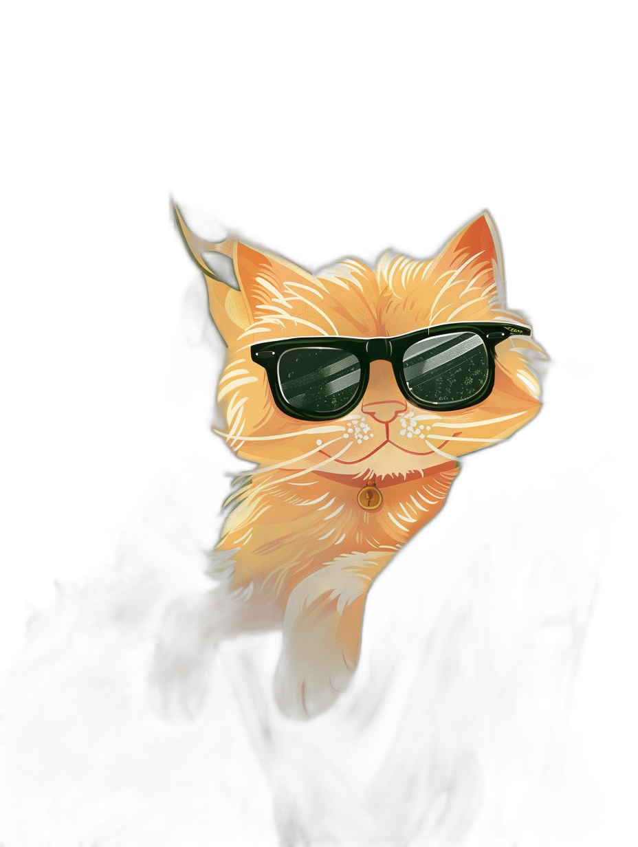 digital art of cool cat wearing sunglasses , black background, cartoon style, simple and clean , minimalism , golden ratio