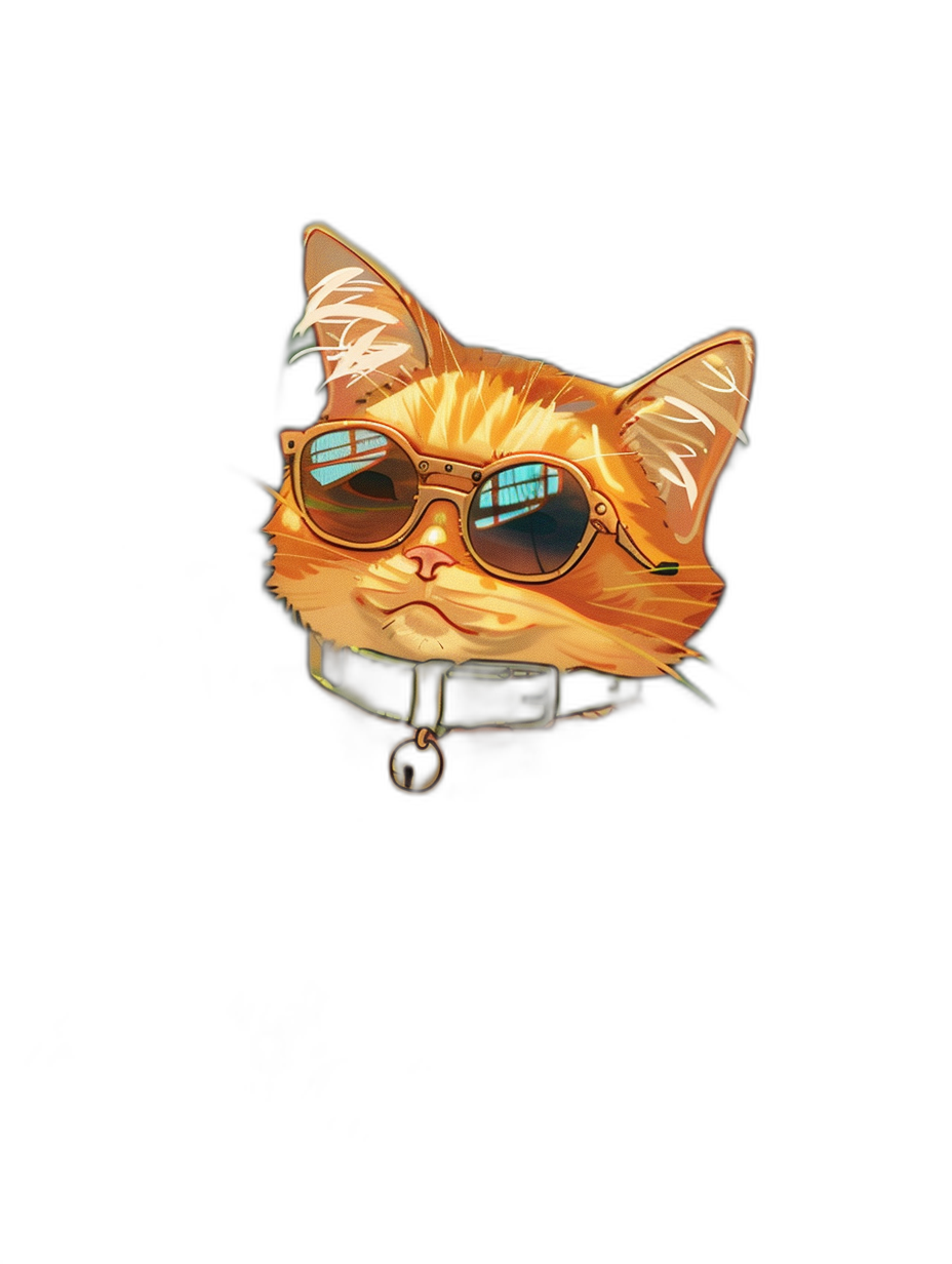 a cartoon illustration of an orange cat with aviator sunglasses on, he is wearing black collar that has gold charm around his neck, the background color should be black, the design style should look like it was drawn by small child and the lighting in scene will cast shadows to resemble drawing, this art piece would make for cute die cut sticker