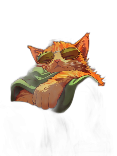 digital art of a cute fat orange cat wearing sunglasses, sleeping on a black background with a green blanket, in the style of a cartoon, simple and clean, showing the full body