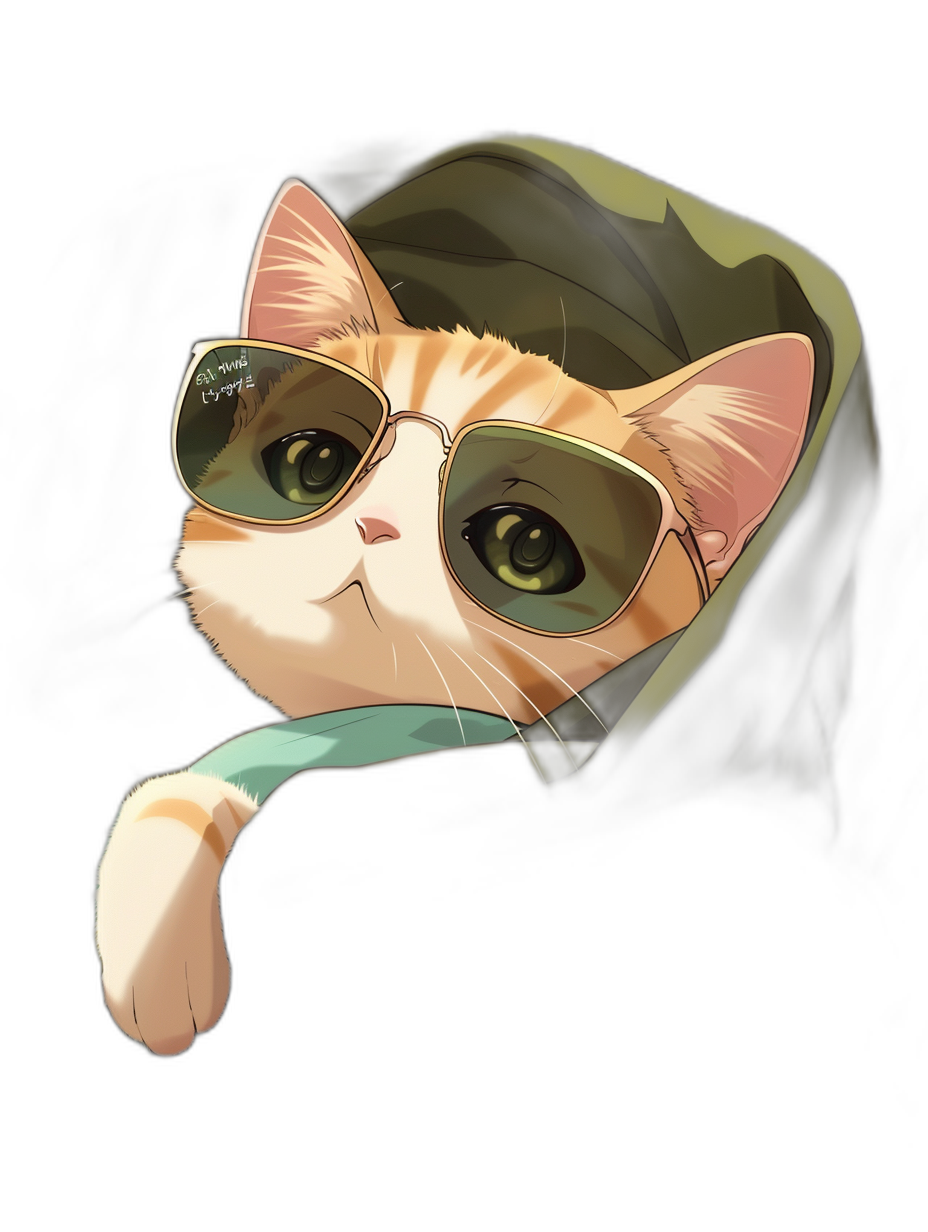 A cute cat wearing sunglasses and a hoodie, with a black background, in the style of anime.