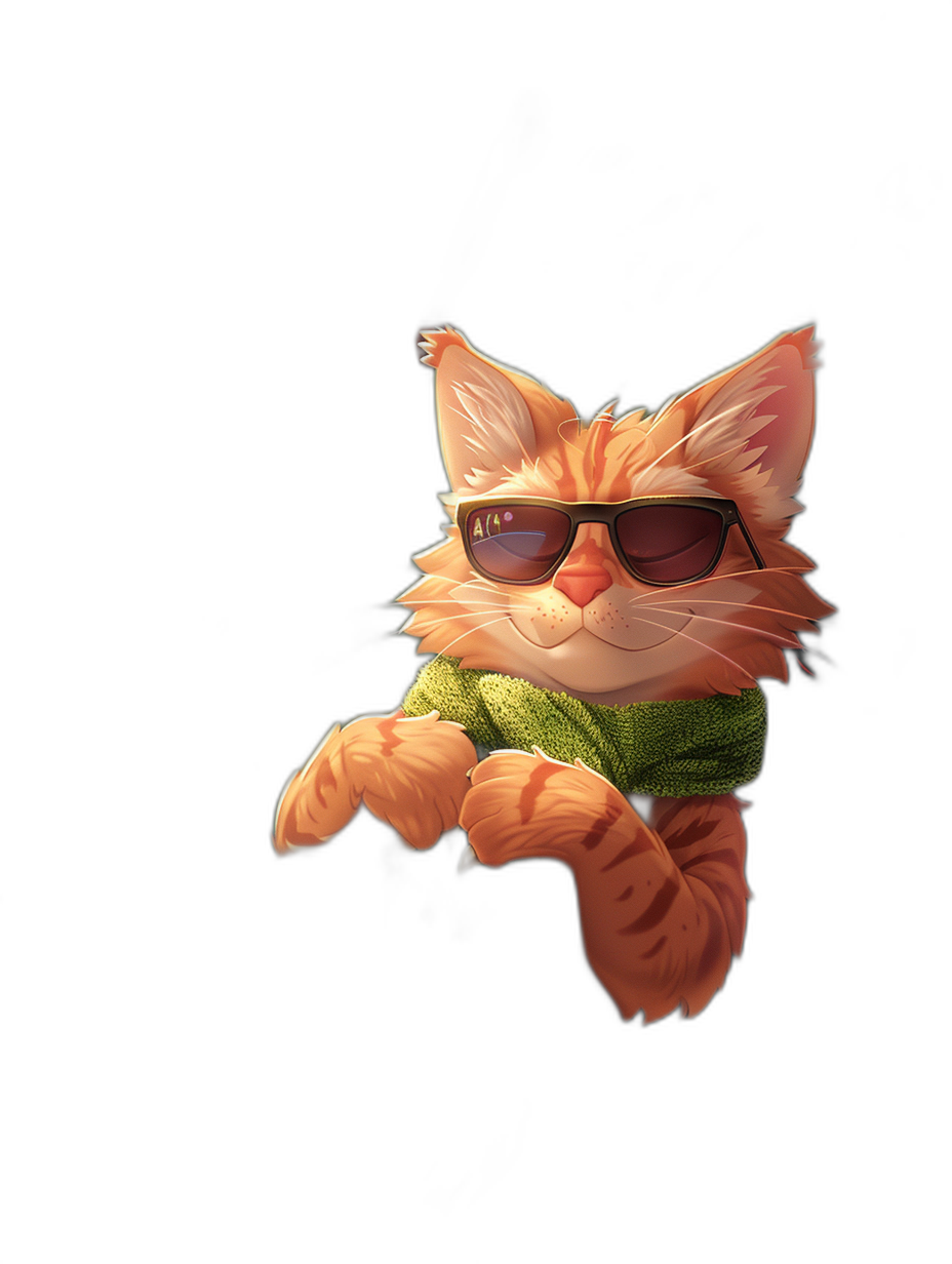 A cute orange cat wearing sunglasses and a green t-shirt is hanging on a black background, the cartoon character of an anthropomorphic cool kitten in the style of Pixar, wearing trendy , full body portrait, very detailed, warm color tone, simple design with clean lines, bold outline, mysterious expression, playful pose, digital art, high resolution, vibrant colors, smooth textures, clear shadows, cheerful mood.