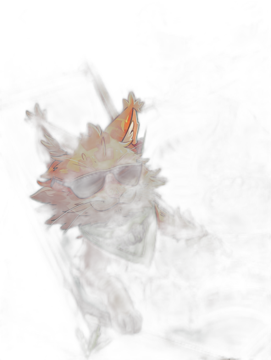 A dark background with an orange and yellow cat wearing sunglasses, dressed in the style of League of Legends character Sc in a Hawaiian costume, in the style of nightcore, cartoon mis-en-scene, dark background, digital art techniques using dark amber and green.