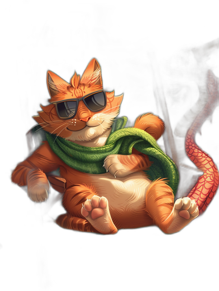 A cartoonish and cute orange cat wearing sunglasses, a green scarf around its neck hanging on the back of a red snake with a black background in the style of Hearthstone game art, with soft cinematic lighting in a Pixar style.