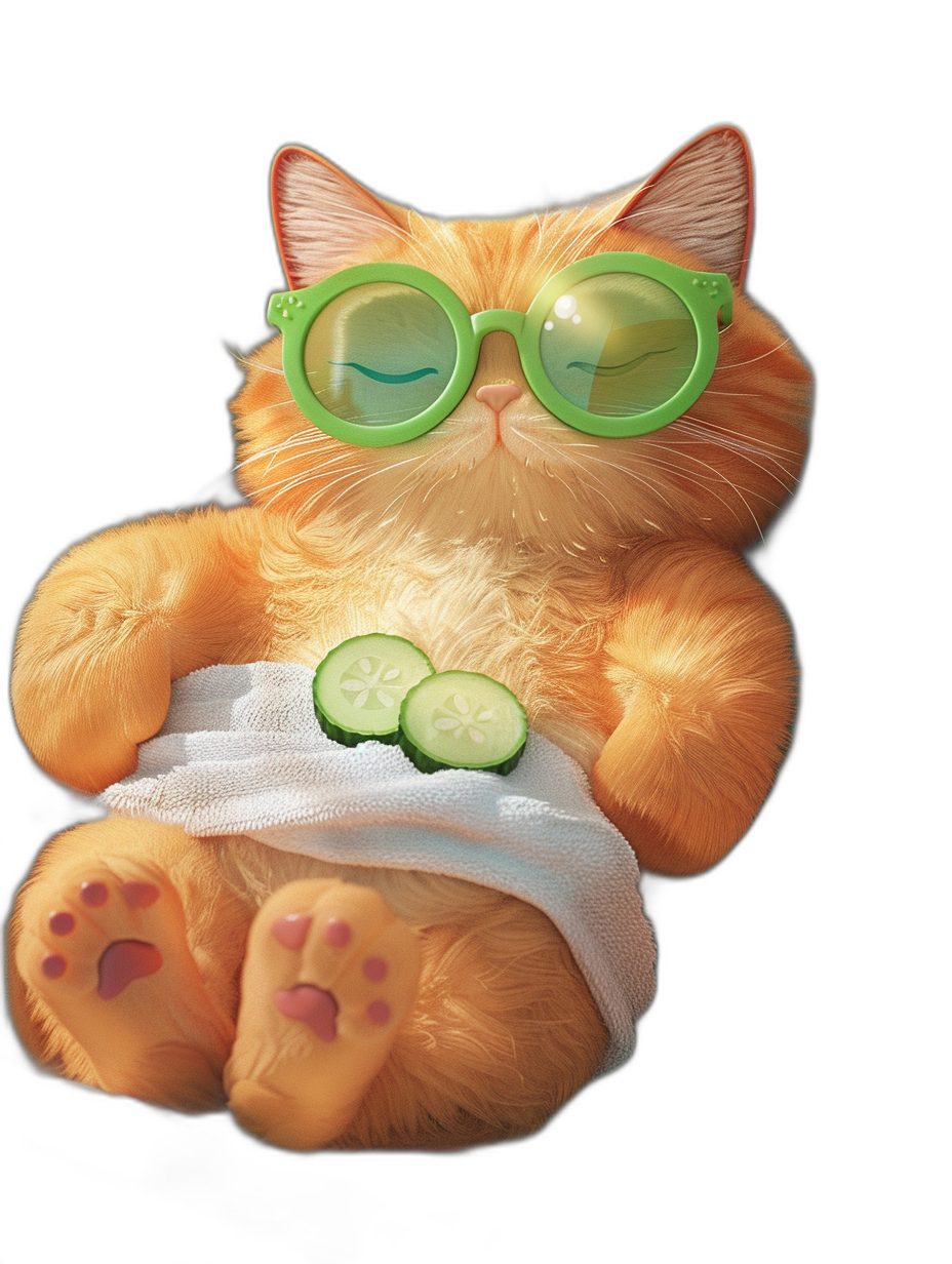 digital art illustration of an orange cat with green glasses and cucumber slices on its face, sitting up like it is at the spa getting ready for treatment, wearing a white towel around its waist, cute, adorable, simple design, in the style of a cute style, cute background, cute digital painting, black isolated background, professional photography, high resolution, high details