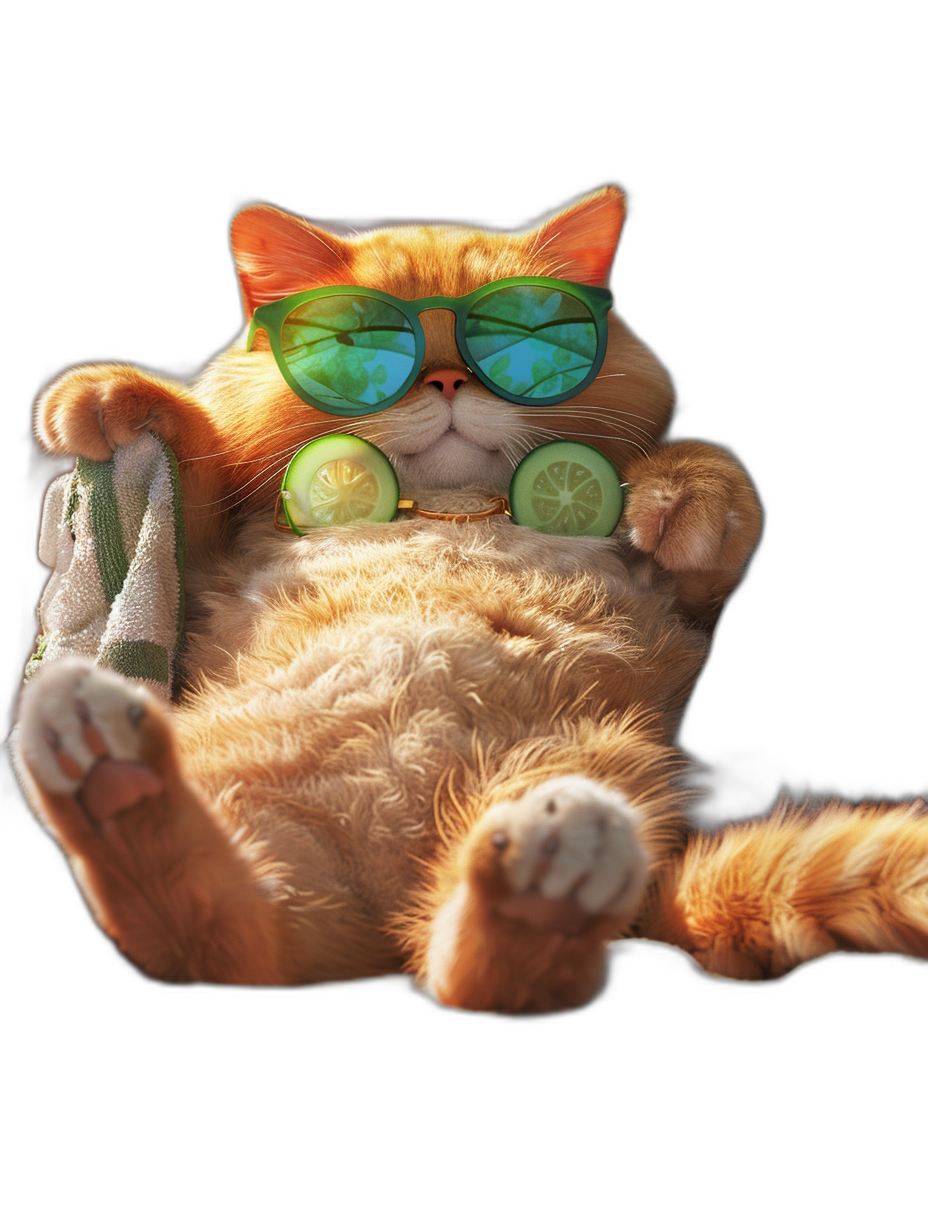 digital art of cute fat orange cat , wearing sunglasses and holding cucumber, chilling out in spa lounge with black background , minimal style , soft-focused realism high quality photo