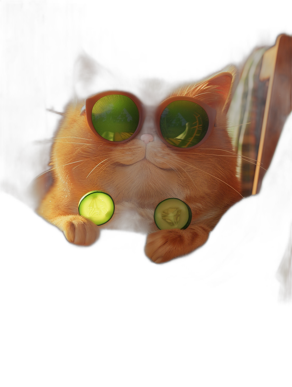 photo of an orange cat with round sunglasses and cucumber slices on its nose, cute, romantic atmosphere, soft lighting, black background, hyper-realistic, realism, shot by canon eos r5