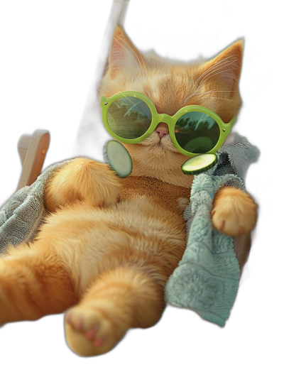 photo of an orange cat wearing green sunglasses, lying on the back with a towel and cucumber in its mouth, full body, black background, high resolution, hyper realistic photography