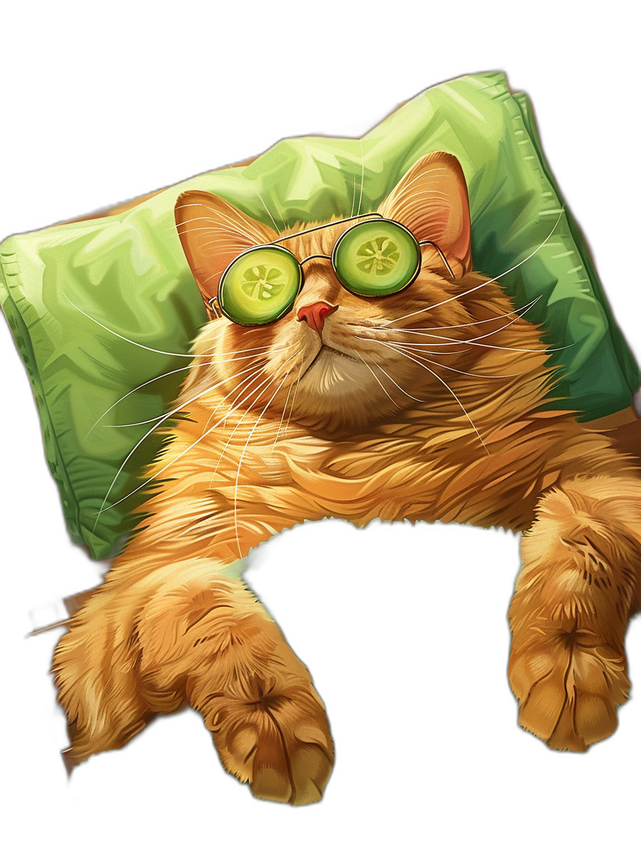 digital art of cute and fat orange cat wearing sunglasses , the face is covered with cucumber slice, sleeping on pillow , black background , chill smile , cute style