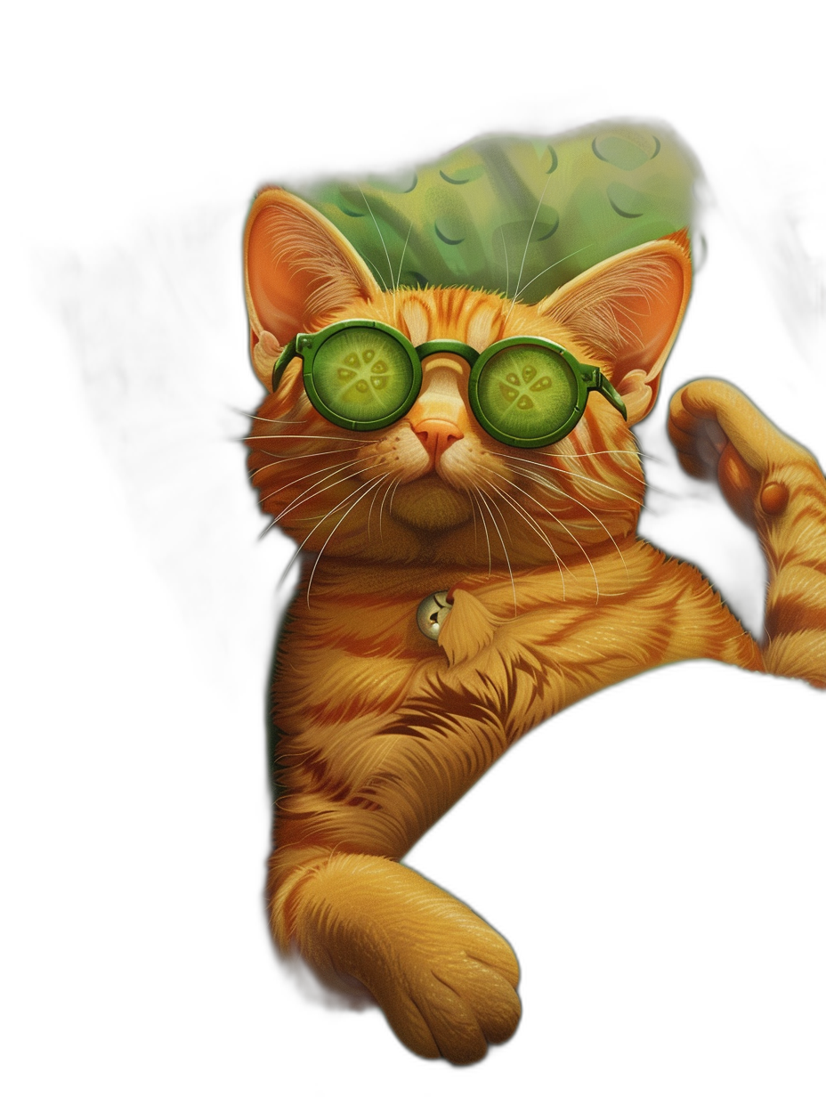 digital art of cute orange cat wearing sunglasses with cucumber on eyes, black background , chill and funny mood