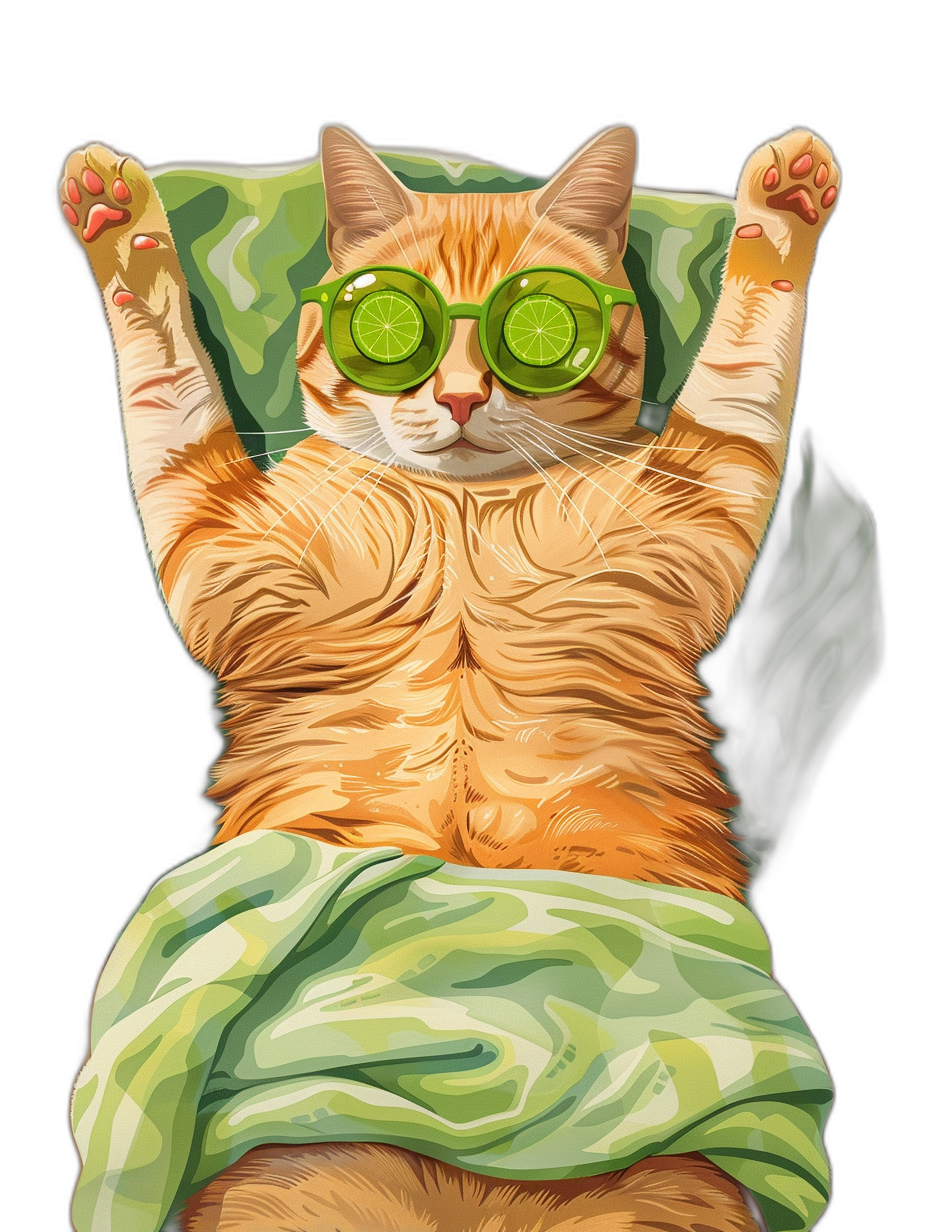 Digital art of a cute and fat orange cat, wearing sunglasses with lime green lenses, lies on its back on a massage bed, covered by a light green blanket, against a black background, with a chill out expression. The art is in the style of expressionism.