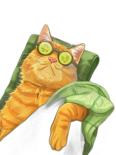 digital art of a cute and fat orange cat wearing sunglasses, the ginger cat is lying on a green couch with a blanket, there is a cucumber in front of its eyes, black background, in the style of a cartoon, simple illustration, highly detailed