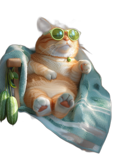 digital art of cute fat orange cat , wear sunglasses and lying on the towel at beach chair, with Cucumber in hand black background , chilling happy and funny