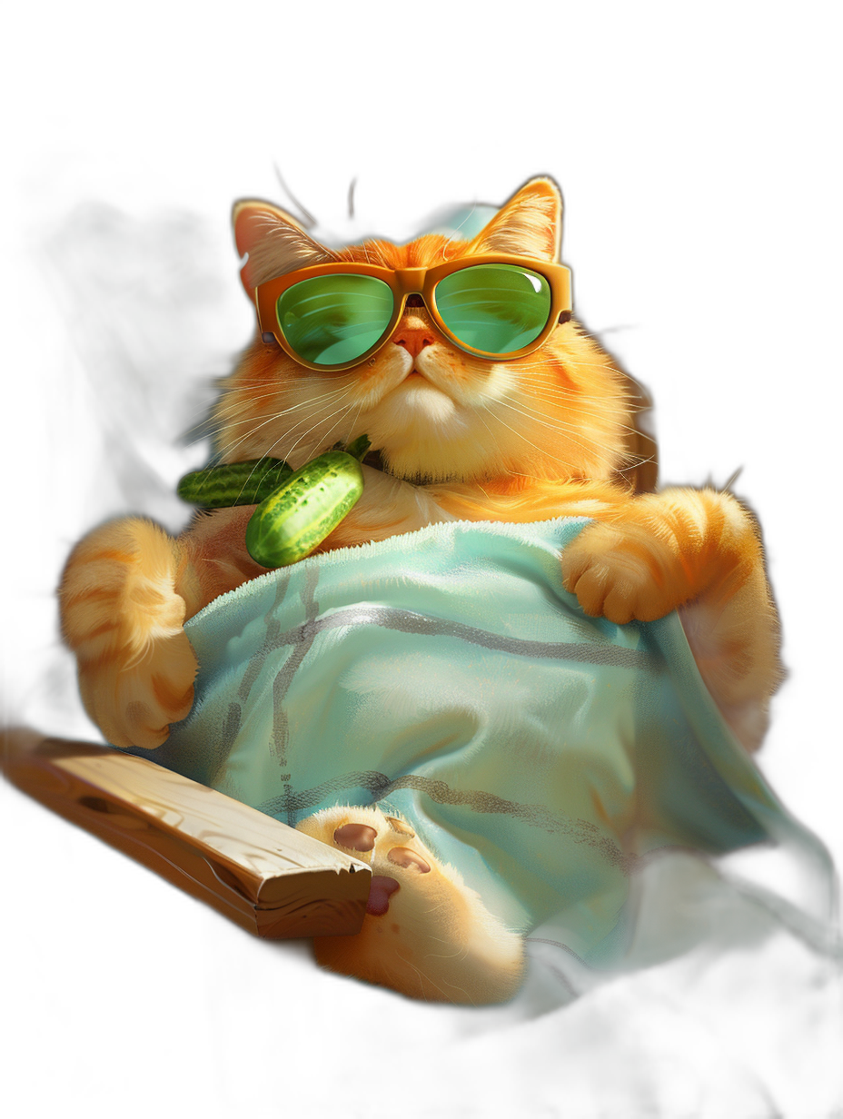 digital art of cute and fat orange cat , wear sunglasses with blue shirt, holding cucumber in hand, wearing slippers on feet, black background, chill expression , sitting down pose , enjoying the cool breeze while reading book