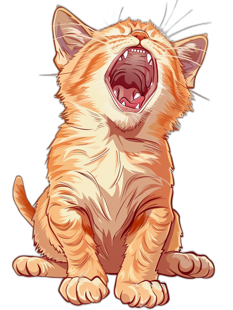 vector design of an adorable orange kitten meowing, isolated on black background, vector t-shirt graphic design illustration art , close up portrait, full body