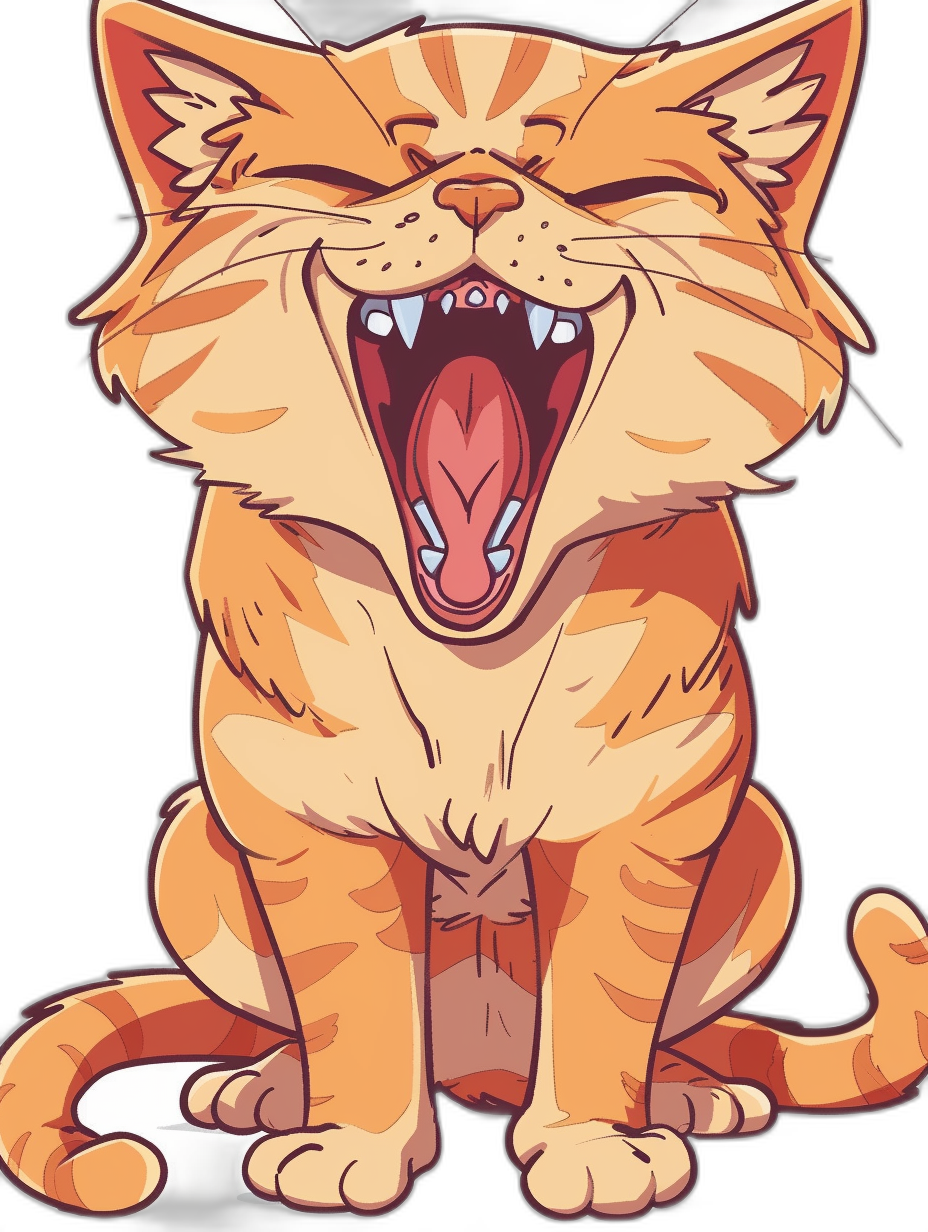 A cartoon-style cat with its mouth open, laughing heartily and making funny faces. The background is black. Vector design for stickers or graphic elements in the style of Disney’s Wreck-It Ralph game. Sticker-like appearance, bold outlines, simple shapes, flat colors without shadows, no gradients. A cute orange tabby kitten sits on his hind legs and laughs into camera, his eyes wide closed. His teeth show through an extremely large smile. It has white fur around its nose and ears. in the style of John Klassen.