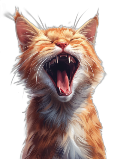 realistic digital illustration of an orange cat with white paws, long hair and extremely large teeth laughing out loud, black background,