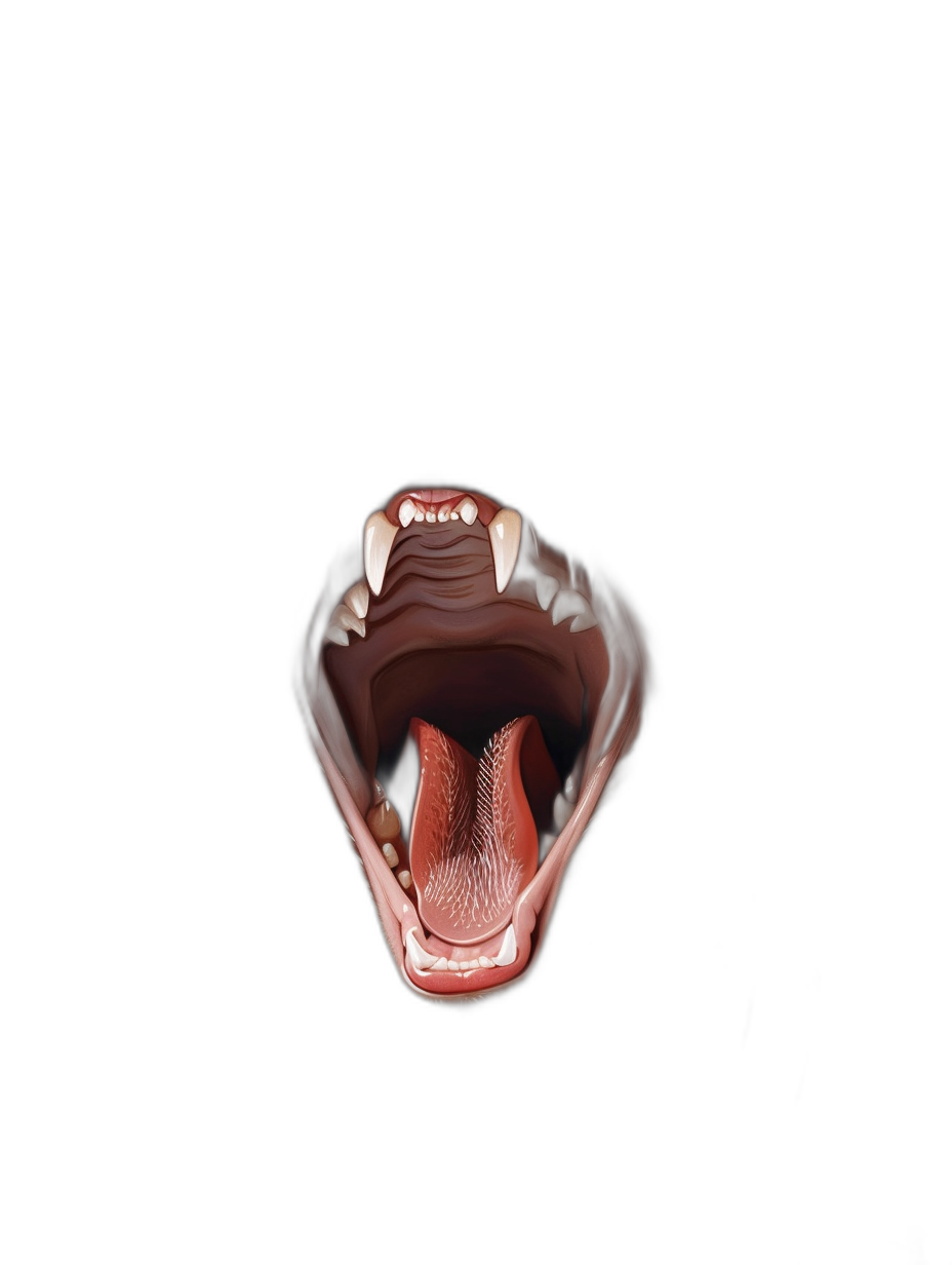 An open mouth with fangs and tongue sticking out on a black background, 3D rendered digital art in the style of hyper realistic with minimal editing to the original text and removal of any Chinese characters.