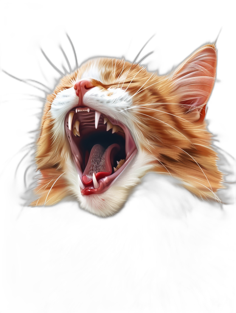 digital art of a happy cat yawning, its mouth open and showing teeth, on a black background, a digital painting in the style of high resolution