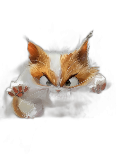 angry cute white and orange cat, paws outstretched in attack pose, cartoon style, black background, in the style of hyper realistic