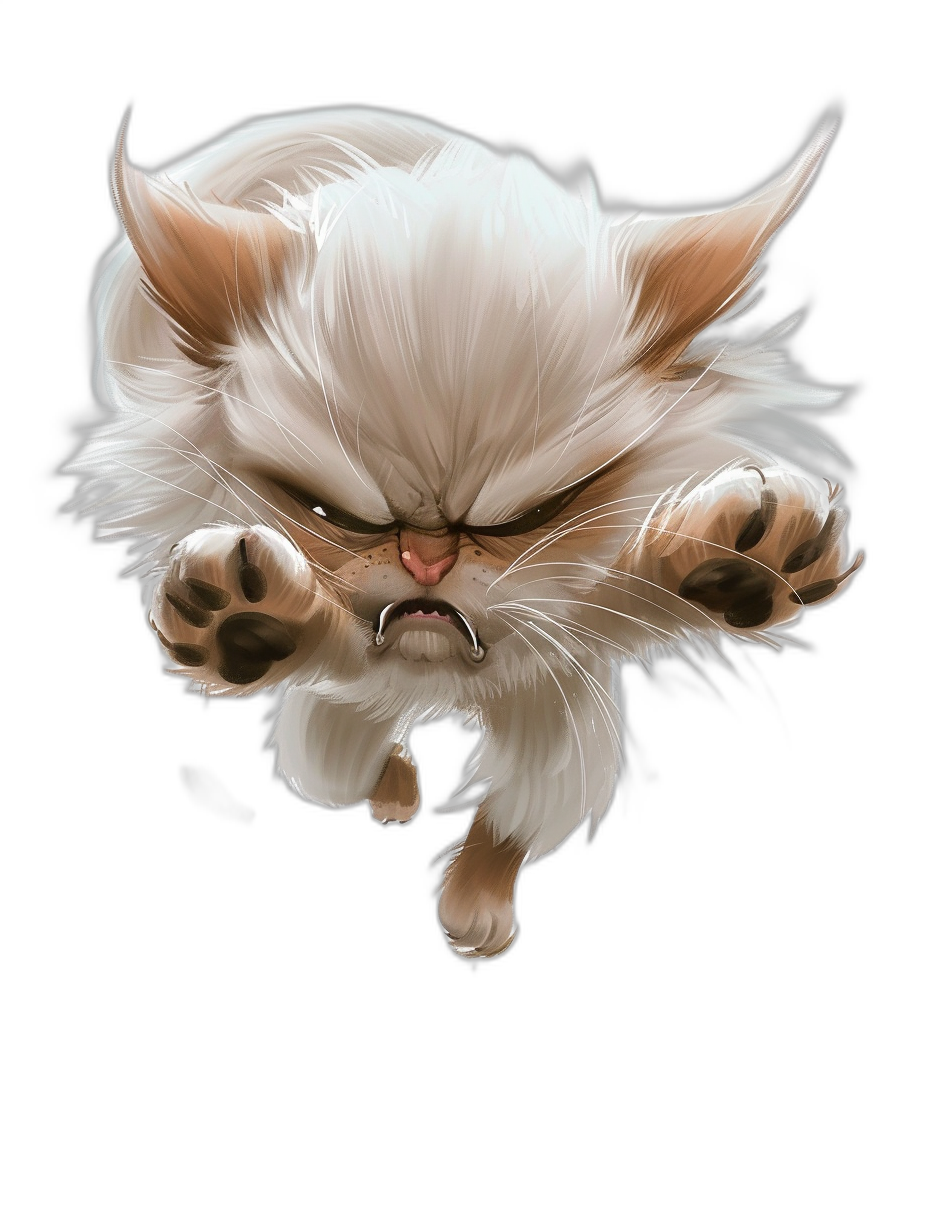 Fur flying, an angry white cat jumps towards the camera in the style of digital art, detailed character illustrations on a black background, cartoonish caricatures, cute and dreamy with digital airbrushing in a cartoon realism style.