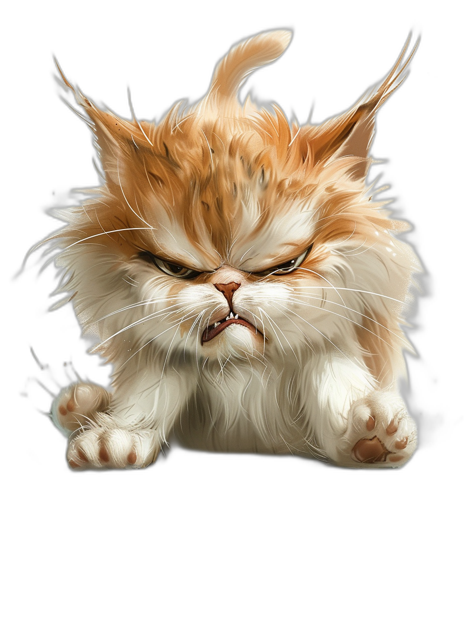 realistic digital illustration of an angry persian cat, plisten and wiskers, white fur with ginger accents, black background, full body shot, cute