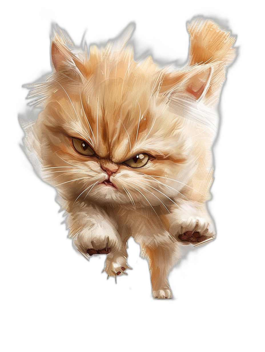 A flying Persian cat with an angry face in the style of [Artgerm](https://goo.gl/search?artist%20Artgerm), on a black background, hyper detailed digital art in high definition sharp focus at full HD resolution.