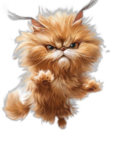 A cute Persian cat flying in the air, with an angry expression, against a black background, in the style of cartoon, with detailed fur texture, with exaggerated facial expressions, at a high resolution, as digital art.