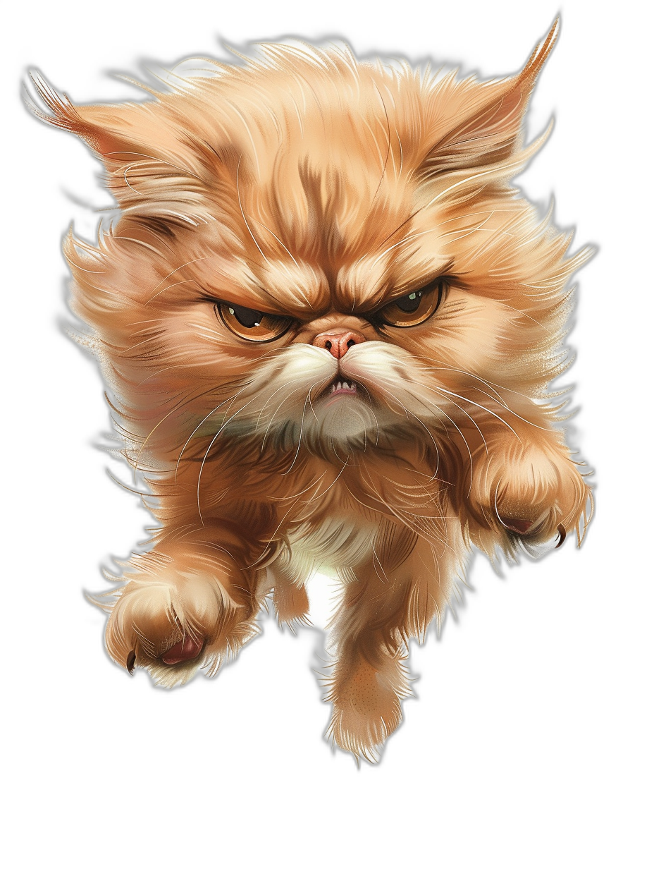 realistic cartoon illustration of an angry orange persian cat jumping, black background, detailed character illustrations, realistic hyper-detailed portraits, charming characters , pixar style, cartoonish design elements