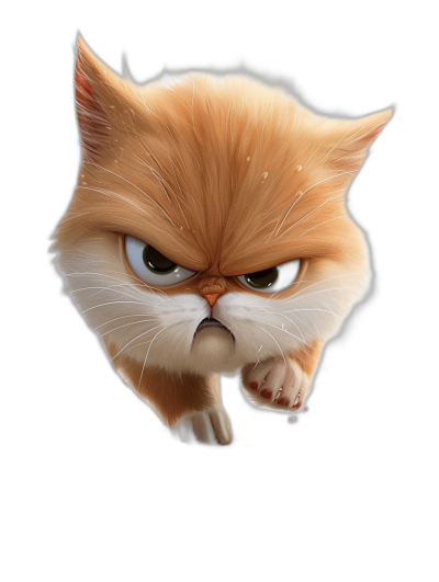 grumpy orange cat, snooty cartoon, cute, caricature like in the show gr8ful in the style of Pixar and Disney studio, black background, portrait, close up