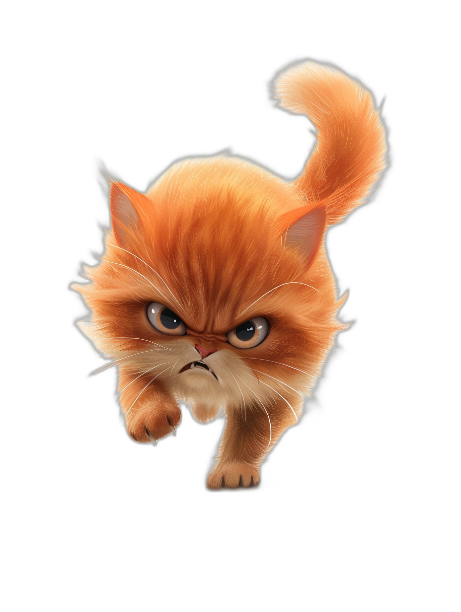 grumpy orange cat running towards the camera, vector illustration, black background, in the style of Pixar.