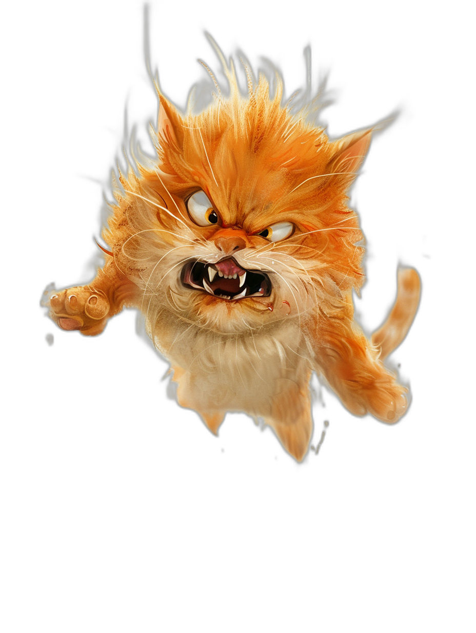 Fujifilm photo of an angry ginger cat flying against a black background, in the style of Pixar and Disney, with a cute character design resembling concept art for a game character, shown as a 3D render.