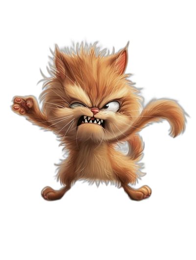 funny angry cat, jumping up and down, in the style of caricature style cartoon art with black background, full body