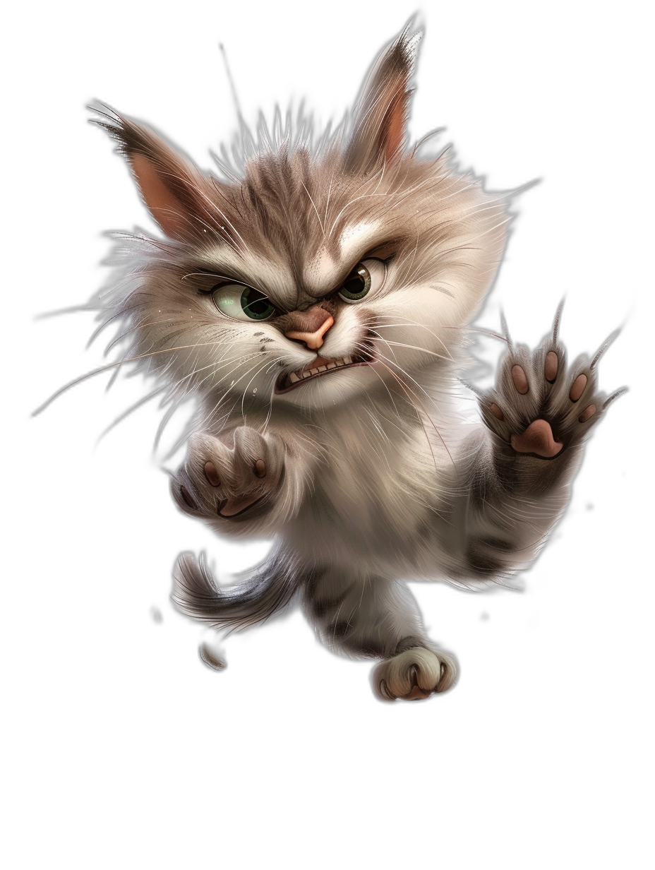 A cute cat character, in the style of Pixar, with a very angry expression and open mouth showing sharp teeth, jumping in the air against a black background, as a full body portrait, with white fur and high detail.