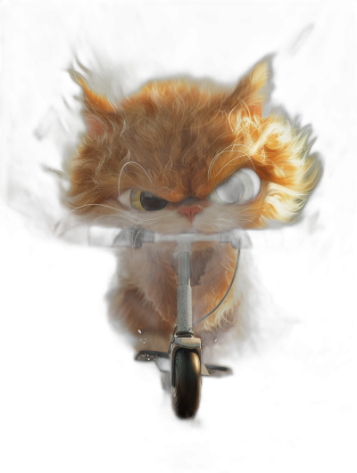 Character design of an angry ginger cat on a scooter, cute and fluffy with big eyes, in the style of digital art, dark background, hyper realistic