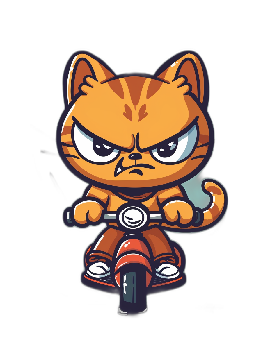 Sticker, orange cat on motorcycle with angry face in the style of cartoon chibi kawaii trending on Artstation with black background