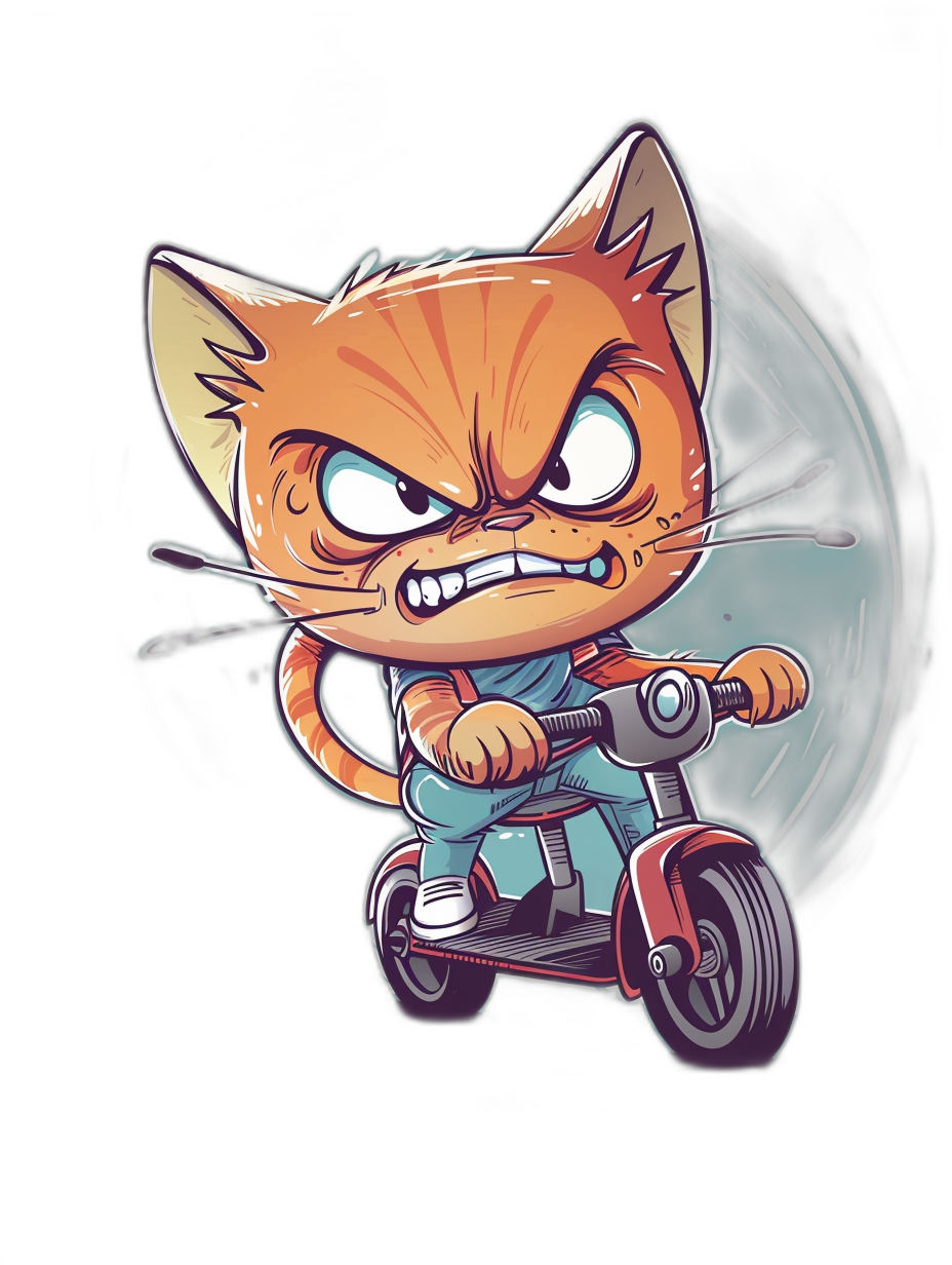 vector art ready for print, chibi cartoon orange cat riding electric scooter with an angry expression on its face against a dark background, t-shirt design graphic in the style of ultra detailed artwork isolated on a black background