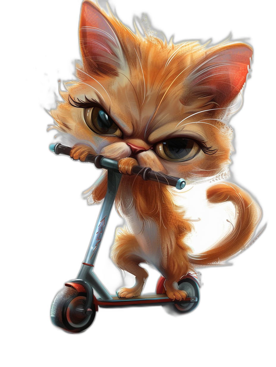 a cute chibi cat riding scooter, angry face expression, detailed background, cartoon style, digital art by [Artgerm](https://goo.gl/search?artist%20Artgerm) and [Atey Ghailan](https://goo.gl/search?artist%20Atey%20Ghailan) and J Scott Campbell, full body shot, black background
