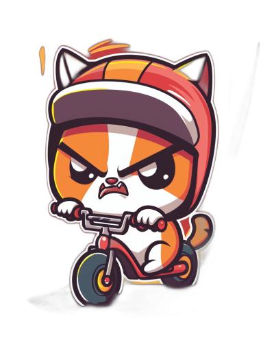 Chibi cat on scooter, angry face, wearing a helmet and racing gear, sticker design, simple shapes, black background, bold outline, colorful in the style of red orange white yellow and brown.