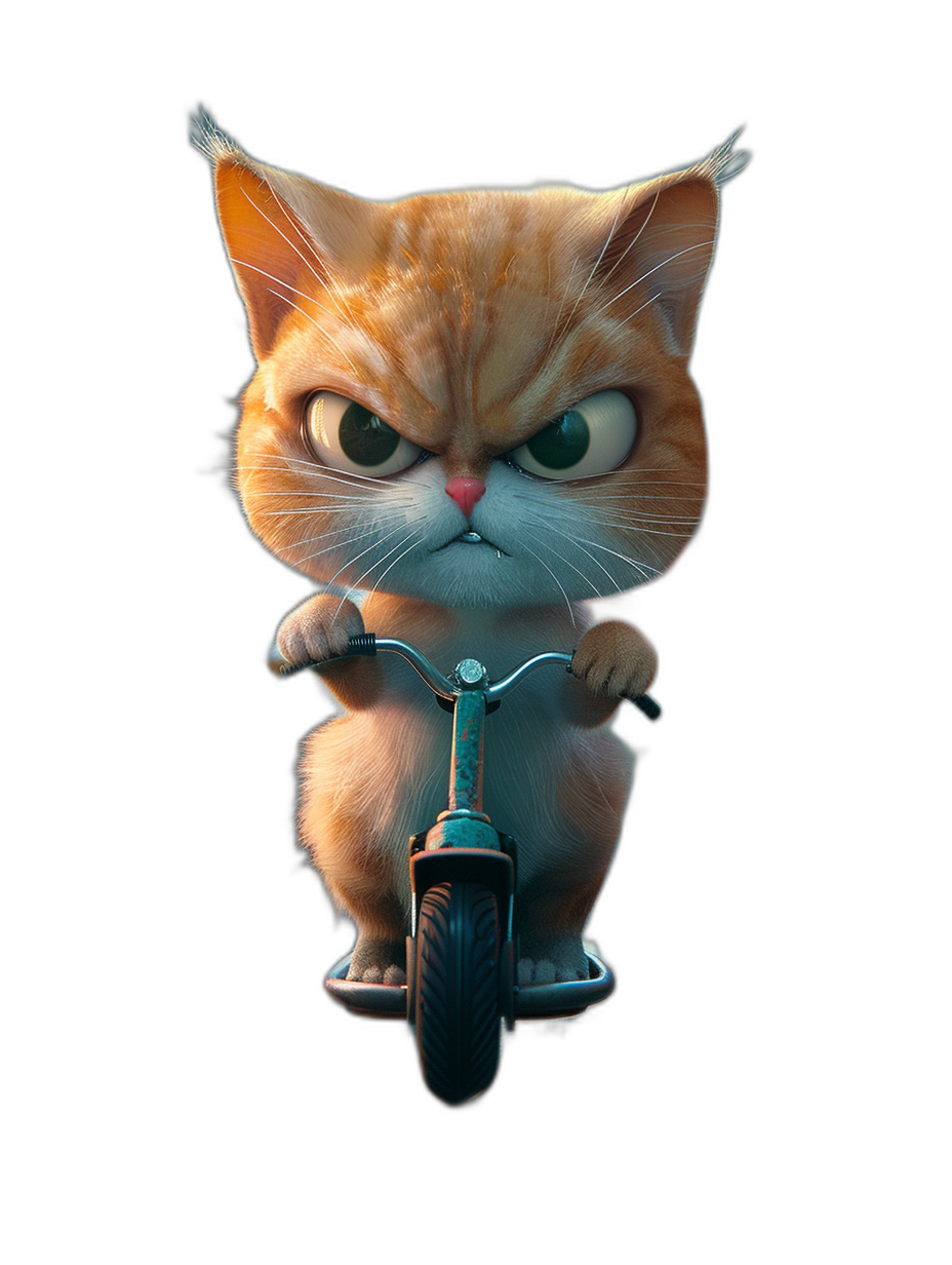 front view, an angry cute cat riding on scooter , black background, Disney Pixar style character design with render and lighting, rendered in cinema4d, [Studio Ghibli](https://goo.gl/search?artist%20Studio%20Ghibli) style, cute cartoonish design, adorable expression