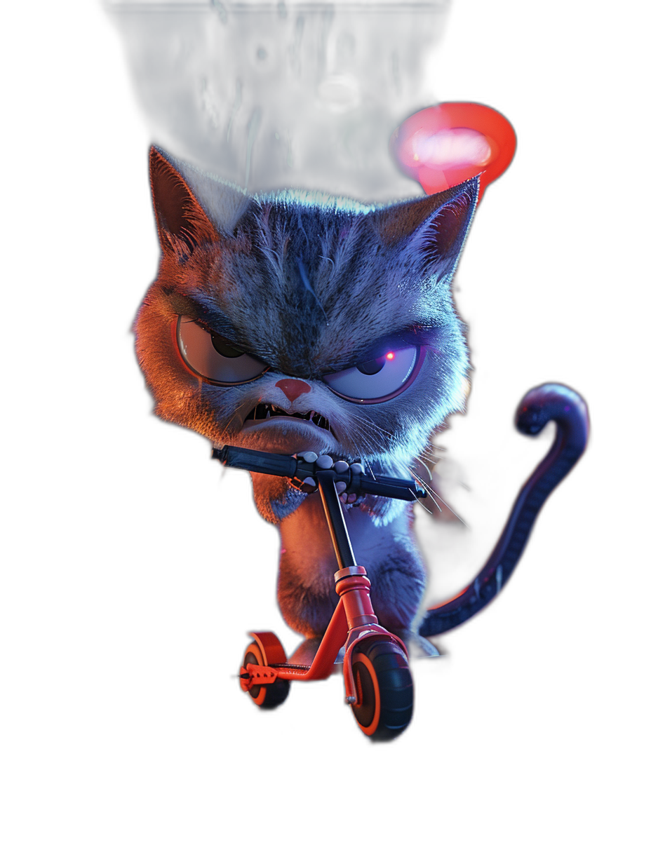 evil grumpy cat riding an electric scooter in the style of Pixar, with a dark background and red moonlight shining on the head of the kitten. The kitten looks angry and determined, with dark blue fur and glowing eyes. It has a cartoon character design that is highly detailed and high resolution.