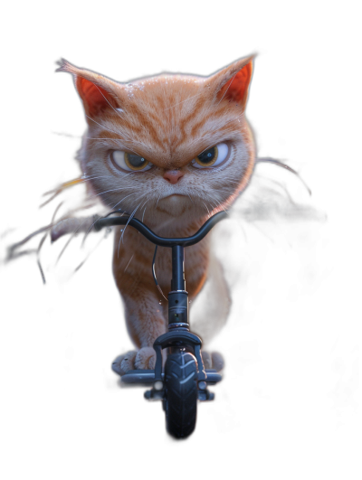 realistic photo of an angry ginger cat riding on a scooter, with angry eyes, against an isolated black background, in the style of Pixar