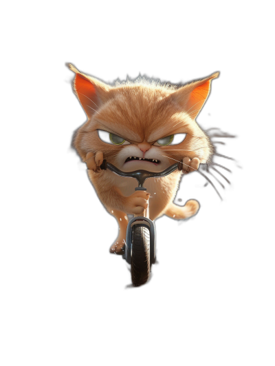 A cute orange cat riding on a bike, with angry eyes and mouth open, in a full body shot against a black background, in the style of Pixar.