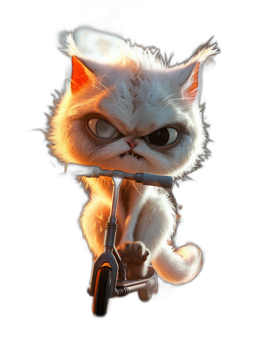 grumpy cute fluffy cat with big eyes riding scooter, in the style of Pixar, black background, soft lighting, portrait photography, octane render, hyperdetailed, volumetric light, cinematic