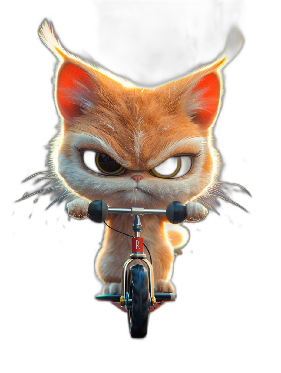 front view of a Pixar style cute kitten riding a scooter, black background, cute and funny cat with big eyes, red hair on its head, yellow fur around its neck, white paws, black nose, angry face expression, black framed wheel behind the bike, high resolution, high details, cinematic lighting, cinematic shot, in the style of Pixar art illustration, in the style of pixar animation, black background