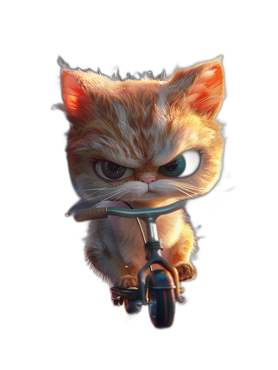 realistic cute kitten character riding scooter, angry face with large eyes, isolated on black background, in the style of Pixar