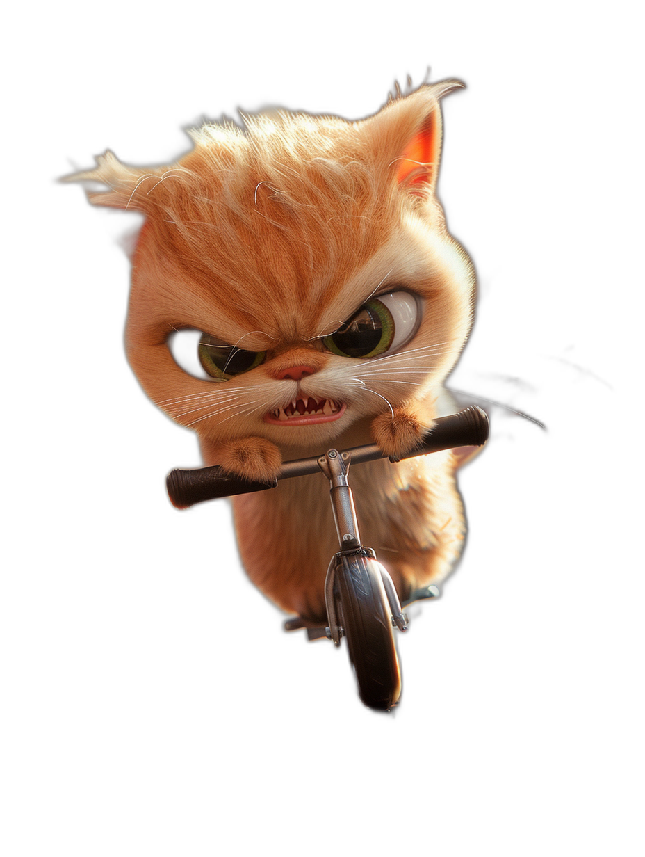 3D render of a cute ginger cat riding a scooter with an angry face on a black background, in the style of Pixar.