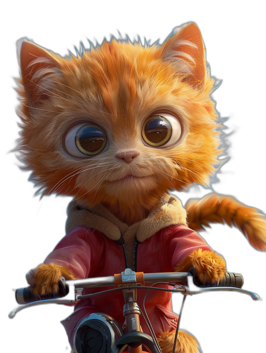 A cute ginger cat with big eyes, wearing a red jacket and riding a bike, black background, in the style of Pixar, cute character design, 3D render, created with Unreal Engine 5, high resolution, super detailed.