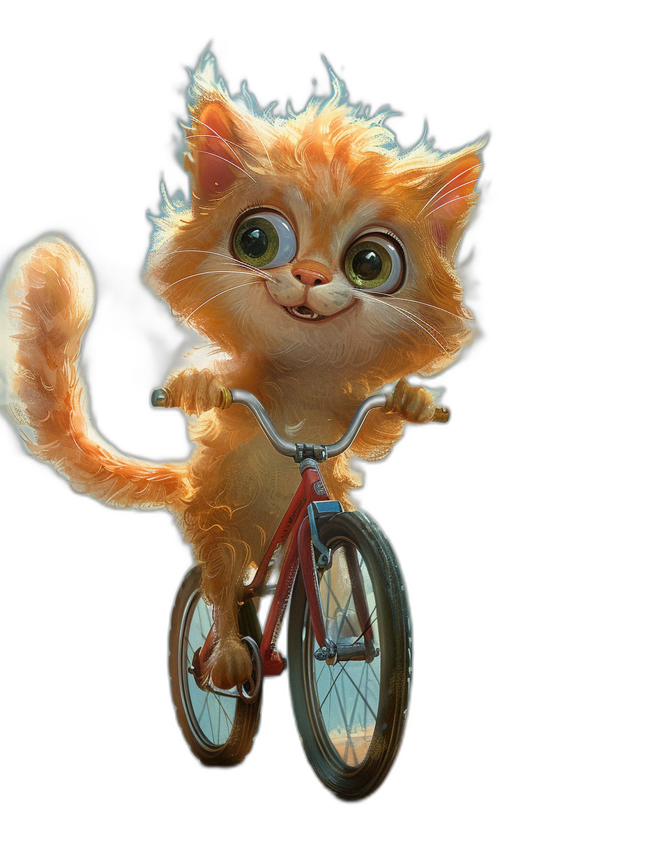 A cute orange cat with big eyes, smiling and riding on a bicycle in the style of Pixar, black background, high resolution, high quality