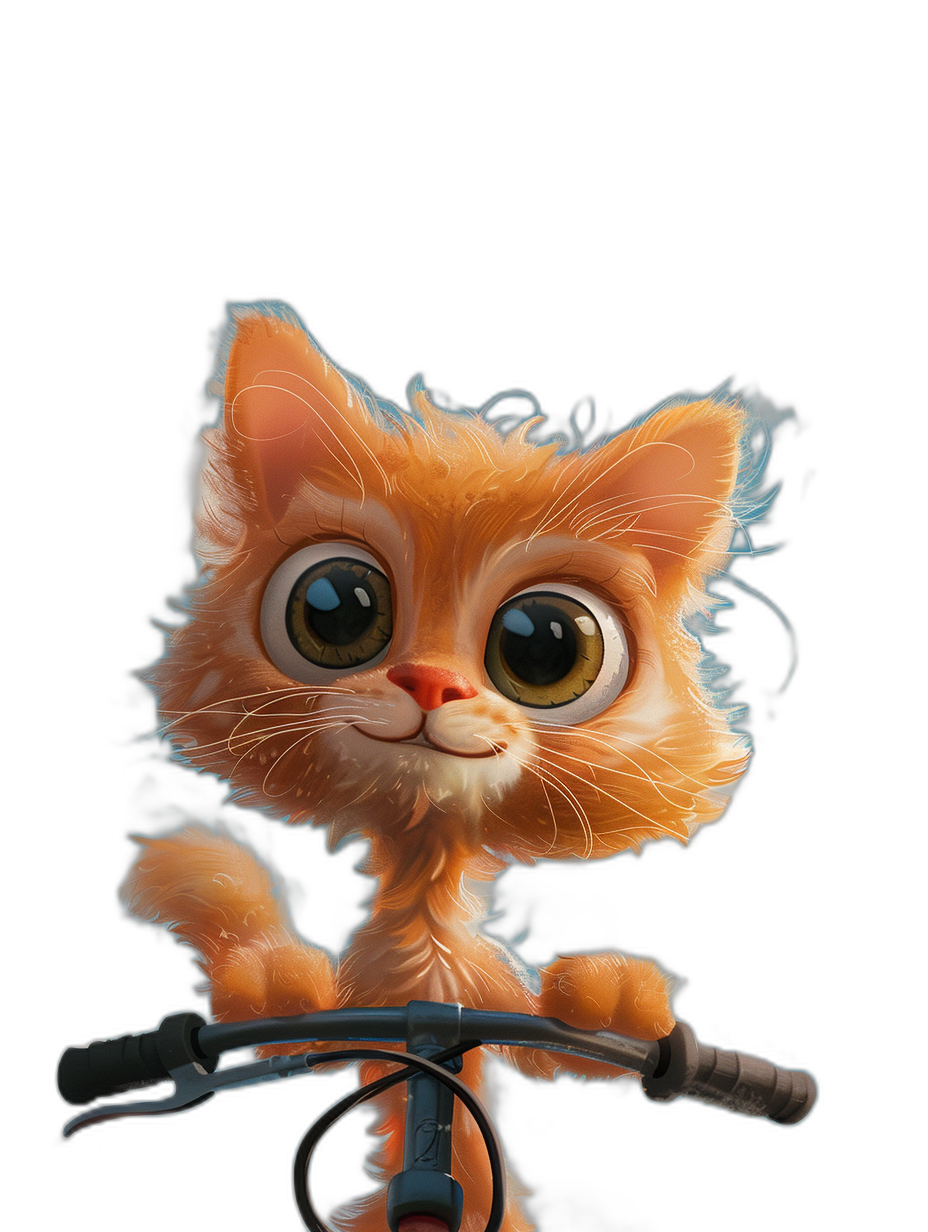 A cute orange cat with big eyes, riding on a bike against a pure black background, in the style of Pixar, a cartoon character portrait, digital art.